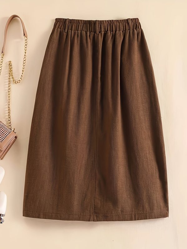 Button Front Pocket Design Skirt, Elegant Elastic Waist Split Hem Skirt For Spring & Fall, Women's Clothing
