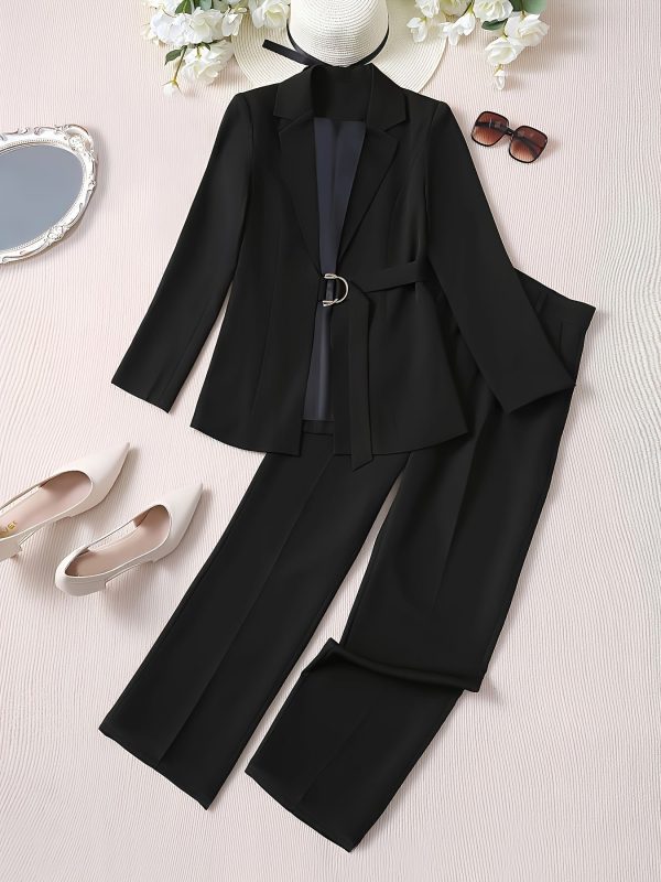 Elegant Office Pants Set, Belted Lapel Long Sleeve Slim Blazer & High Waist Straight Leg Loose Pants, Women's Clothing