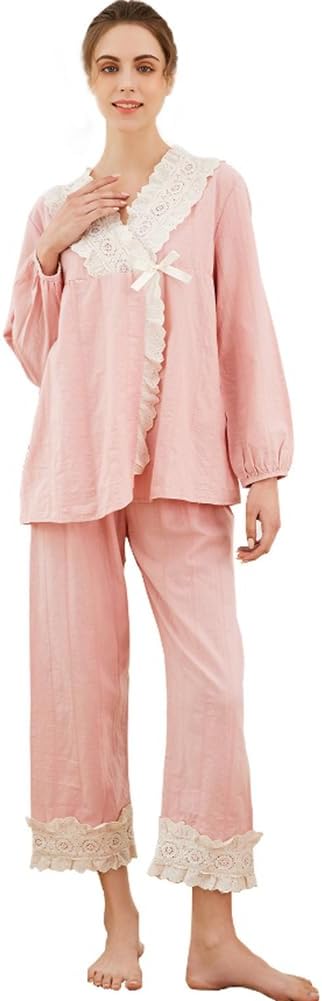 41pUL-YOByL._AC_SL1001 Women Pajamas Set Cotton Long Sleeve Button Down Sleep Shirt Womens Loungewear Set Cotton Nightie