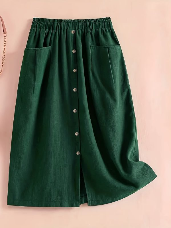 Button Front Pocket Design Skirt, Elegant Elastic Waist Split Hem Skirt For Spring & Fall, Women's Clothing