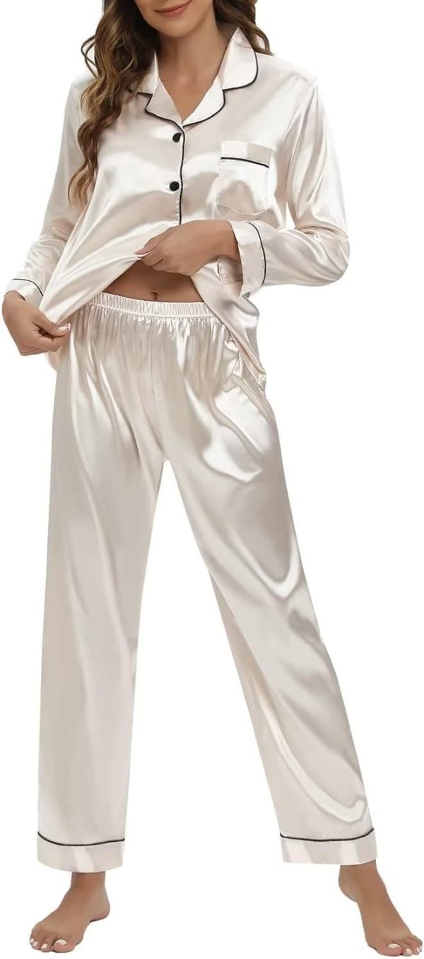 513IlgEUhML._AC_SL1500 Women's Silk Satin Pajamas Set Long Sleeve Sleepwear Soft Pjs Set Two Piece Button Down Loungewear Pj Set