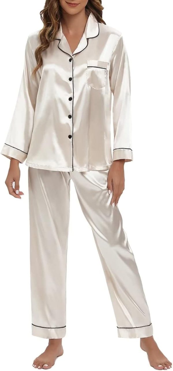 515s0kT1sEL._AC_SL1500 Women's Silk Satin Pajamas Set Long Sleeve Sleepwear Soft Pjs Set Two Piece Button Down Loungewear Pj Set