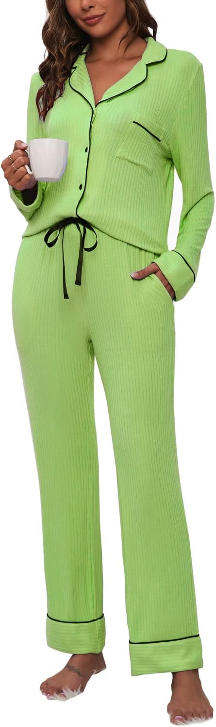 51K_bxibi9L._AC_SL1500 Womens Pajama Sets Soft Comfy Button Down Knitted Long Sleeve Sleepwear Pjs Lounge Sets Nightwear