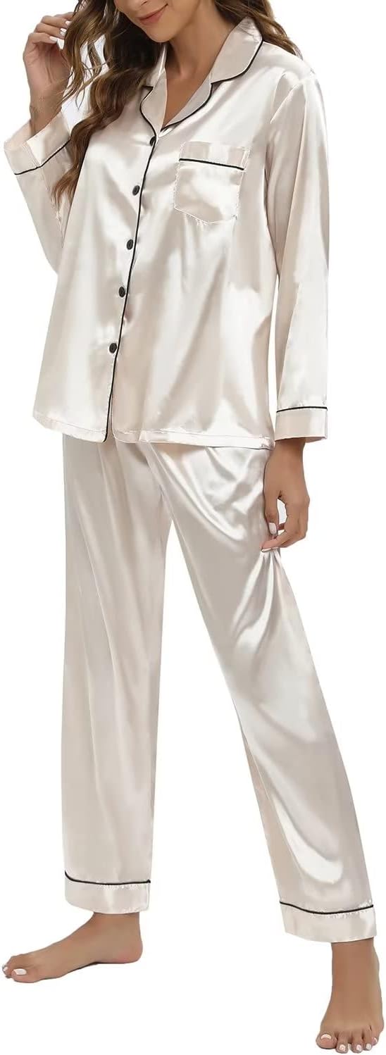 51XVbpMnHWL._AC_SL1500 Women's Silk Satin Pajamas Set Long Sleeve Sleepwear Soft Pjs Set Two Piece Button Down Loungewear Pj Set