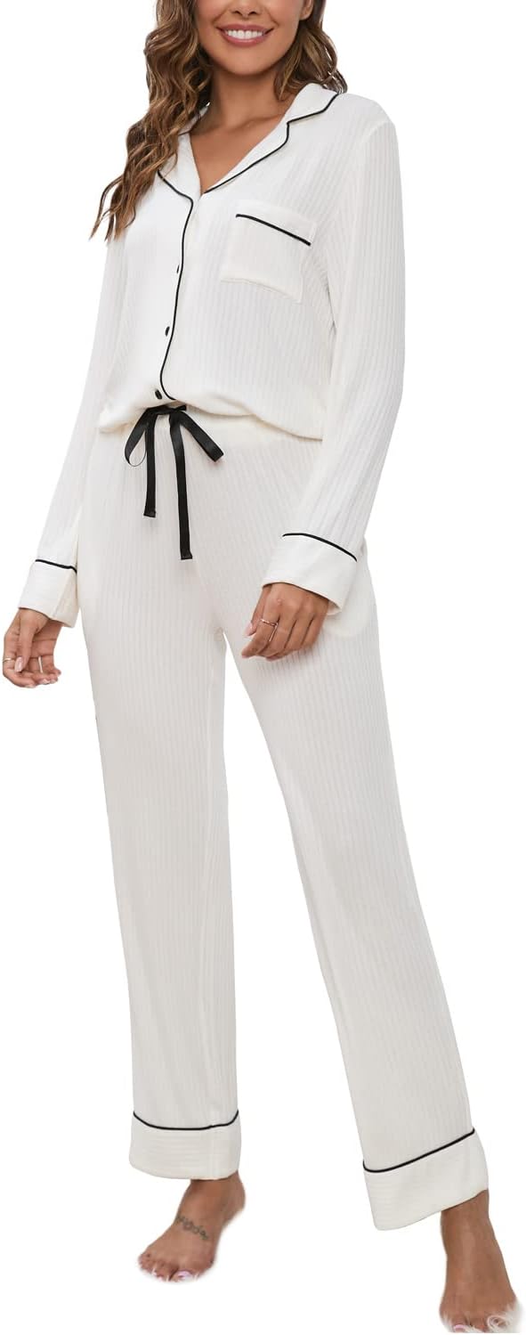 51s_B-G5phL._AC_SL1500 Womens Pajama Sets Soft Comfy Button Down Knitted Long Sleeve Sleepwear Pjs Lounge Sets Nightwear