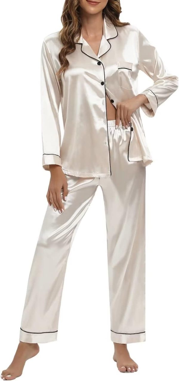 51vunIOcwML._AC_SL1500 Women's Silk Satin Pajamas Set Long Sleeve Sleepwear Soft Pjs Set Two Piece Button Down Loungewear Pj Set