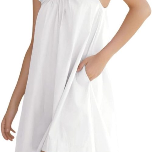 Womens Ruffle Nightgown Cotton Sleeveless Nightdress Soft Printed Night gown with Pockets