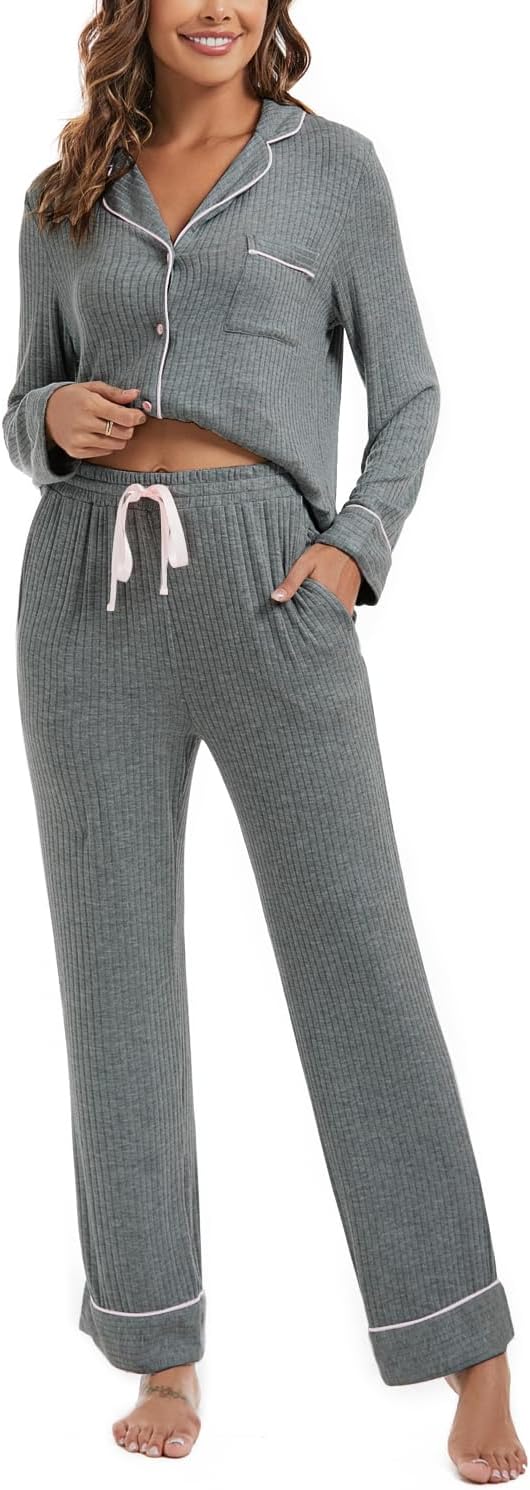 611euH1aAzL._AC_SL1500 Womens Pajama Sets Soft Comfy Button Down Knitted Long Sleeve Sleepwear Pjs Lounge Sets Nightwear