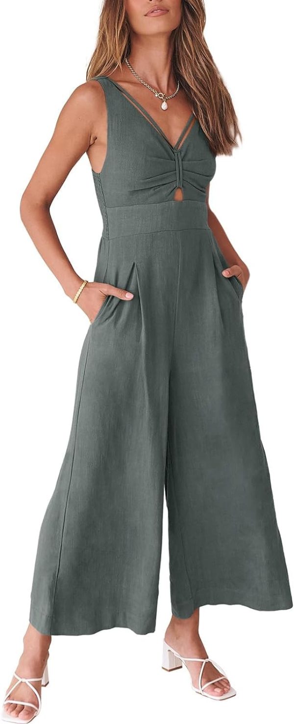612CR5FyK2L._AC_SL1500 ANRABESS Women's Summer Wide Leg Linen Jumpsuits Dressy V Neck Sleeveless Casual Pants Rompers 2024 Vacation Beach Outfits