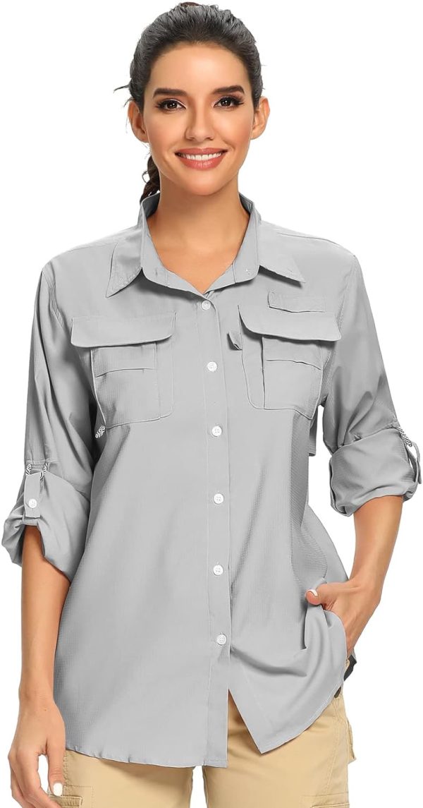 614bgGwZwoL._AC_SL1500 Women's UPF 50 Long Sleeve UV Sun Protection Safari Shirts Outdoor Quick Dry Fishing Hiking Travel Shirts
