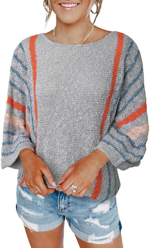 Womens 2024 Cute Spring Summer Color Block Striped Lightweight Comfy Cable Knit Beach Boho Clothes Pullover Sweaters