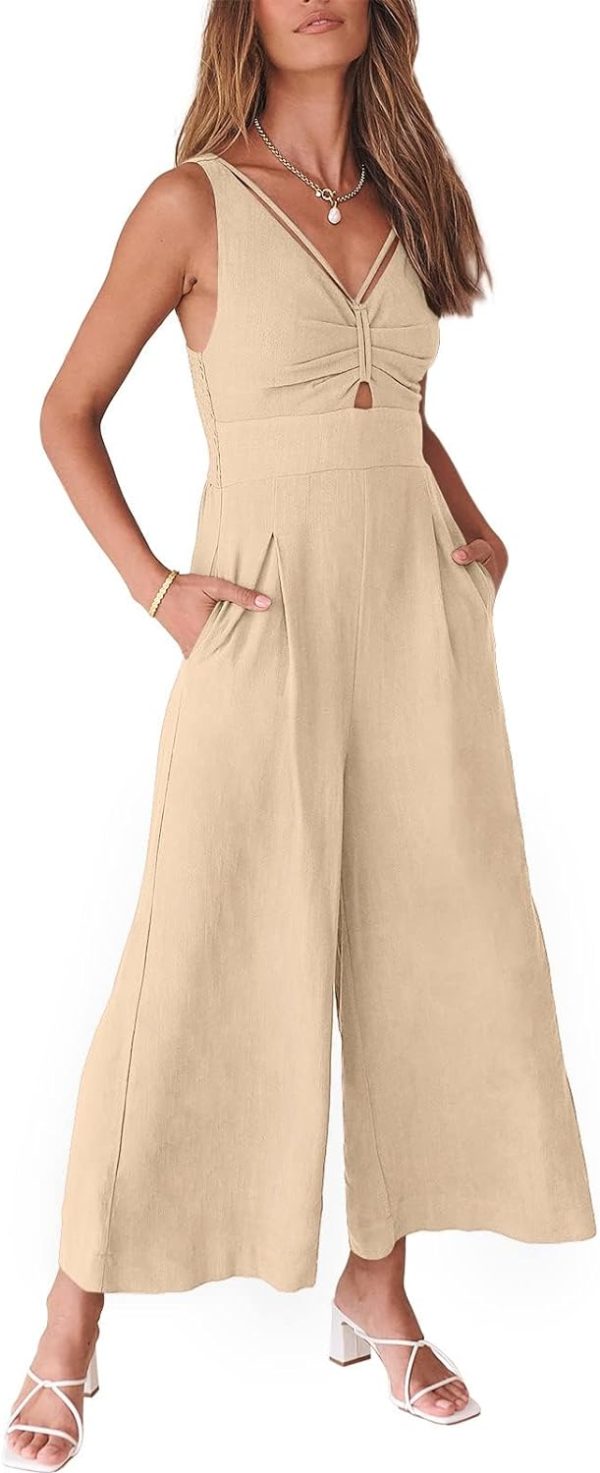 615L3_ylvrL._AC_SL1500 ANRABESS Women's Summer Wide Leg Linen Jumpsuits Dressy V Neck Sleeveless Casual Pants Rompers 2024 Vacation Beach Outfits