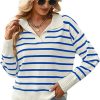 615PAJEukqL._AC_SL1332 Women's Lightweight Striped Loose Sweater Polo V Neck Knitted Lapel Shirt Casual Color Block Top with Cream Background