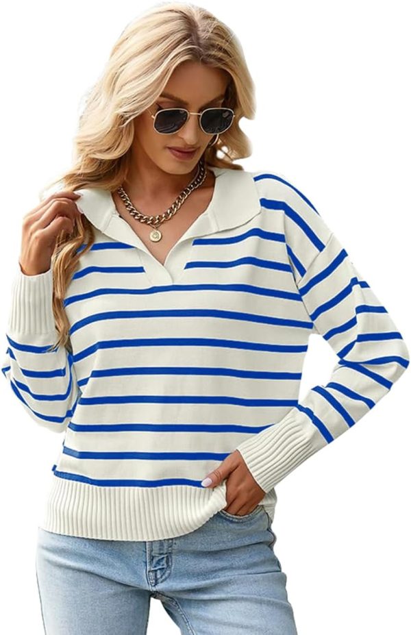 615PAJEukqL._AC_SL1332 Women's Lightweight Striped Loose Sweater Polo V Neck Knitted Lapel Shirt Casual Color Block Top with Cream Background
