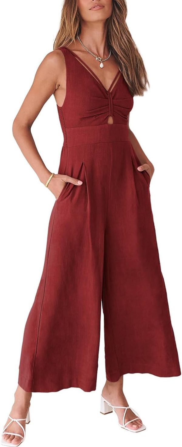 615l1yqhruL._AC_SL1500 ANRABESS Women's Summer Wide Leg Linen Jumpsuits Dressy V Neck Sleeveless Casual Pants Rompers 2024 Vacation Beach Outfits