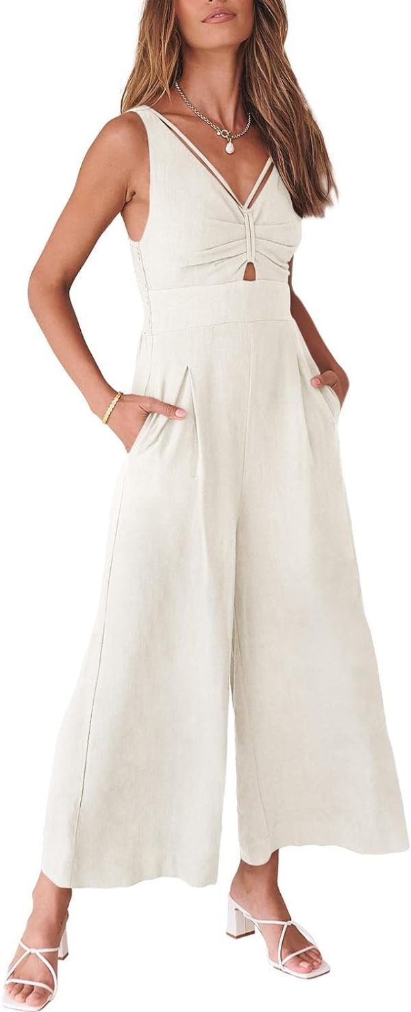 6163MEqrRXL._AC_SL1500 ANRABESS Women's Summer Wide Leg Linen Jumpsuits Dressy V Neck Sleeveless Casual Pants Rompers 2024 Vacation Beach Outfits