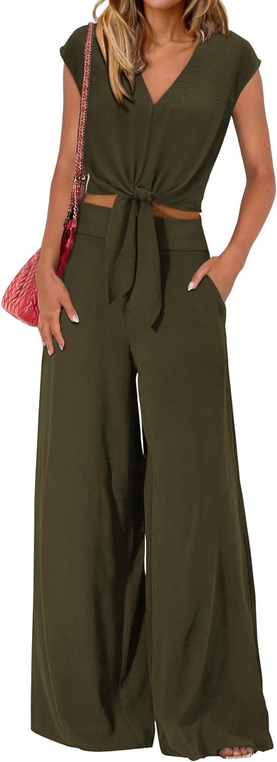 616mqJOX0yL._AC_SL1500 Women's Summer 2 Piece Outfits 2024 Cap Sleeve V Neck Belted Crop Tops Wide Leg Pant Sets Casual Tracksuit