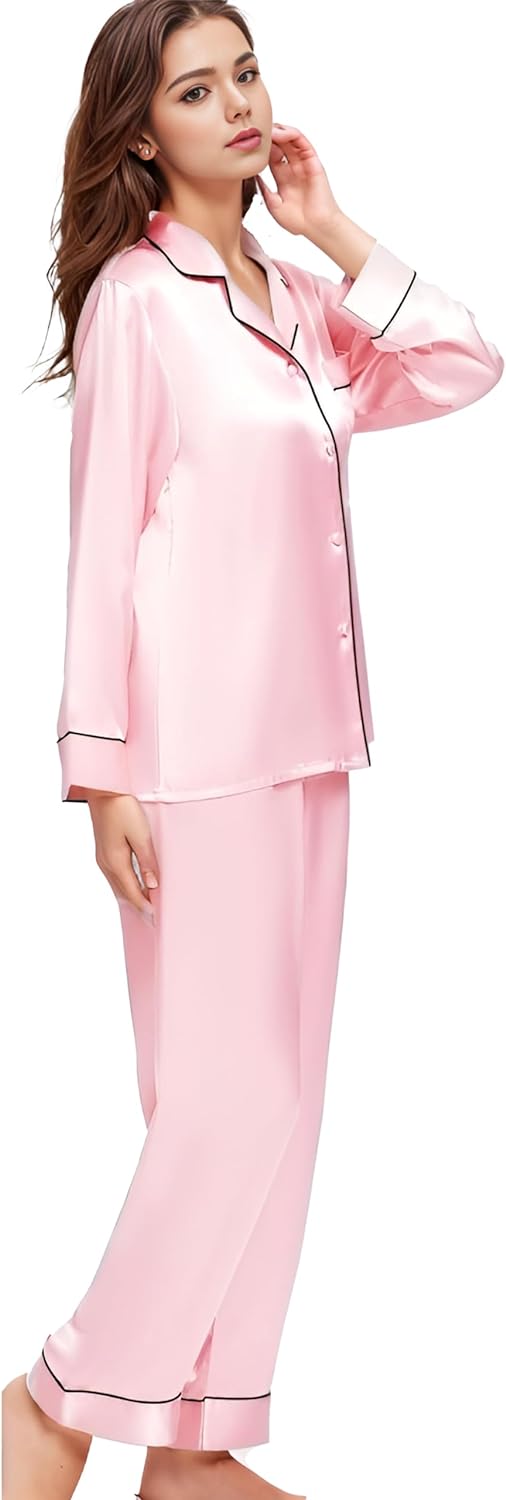 Women's Satin Pajamas Set Long Sleeve Button Down Shirt With Long Pant Sleepwear