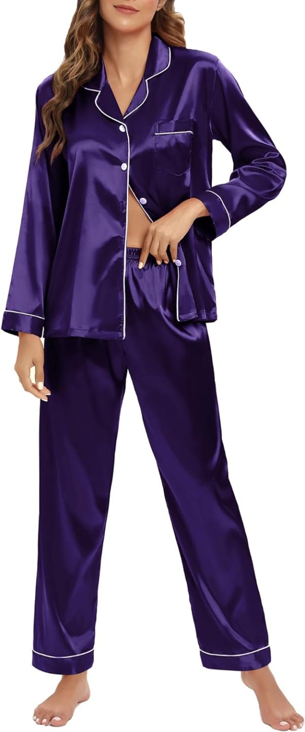 6181gDbRi3L._AC_SL1500 Women's Silk Satin Pajamas Set Long Sleeve Sleepwear Soft Pjs Set Two Piece Button Down Loungewear Pj Set