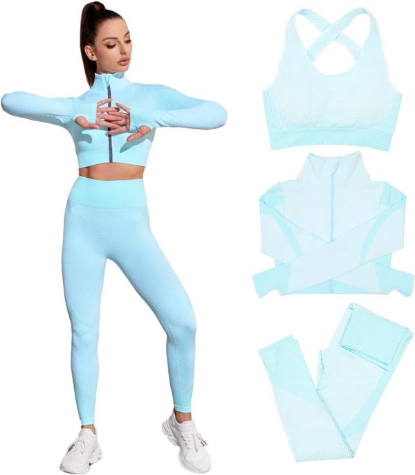 Women's 3 Piece Outfits Tracksuit Workout Set Sports Bra High Waist Yoga Gym Leggings and Crop Top
