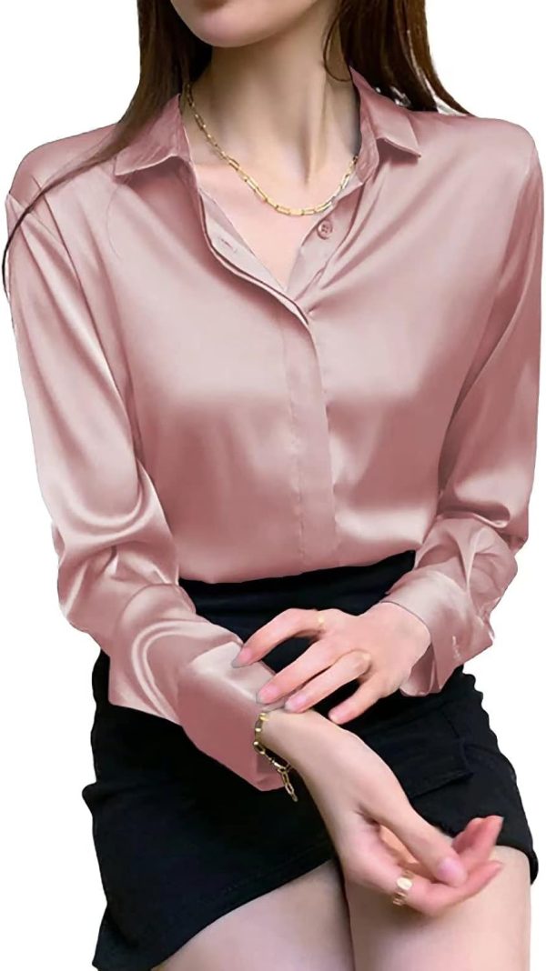 Women's Satin Blouse Fashion Long Sleeve Satin Silk Shirt Work Office Top Casual Shirt