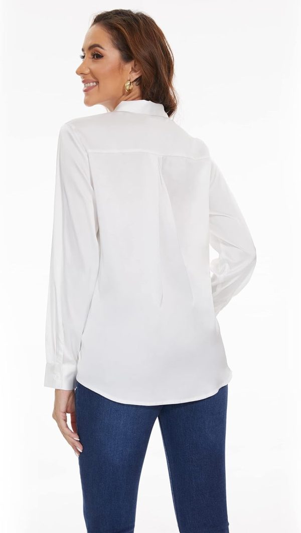Womens Satin Solid Blouse Bow Tie Neck Button Down Shirts Long Sleeve Office Work Blouses Dressy Tops for Ladies Casual