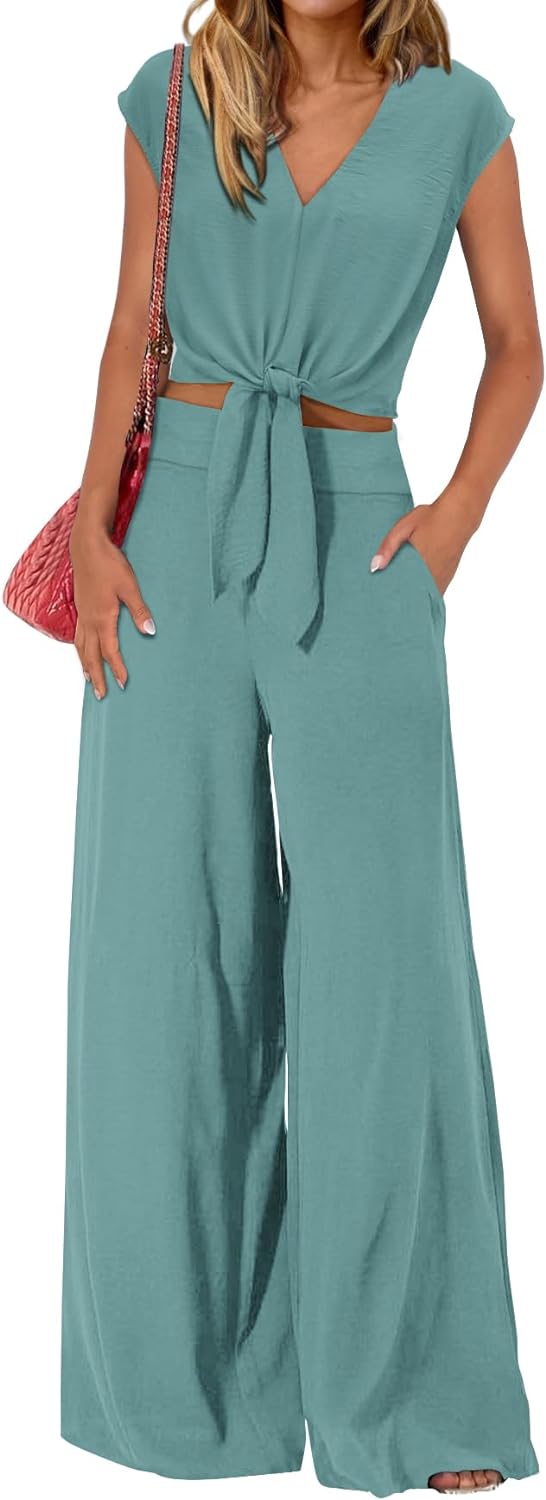 61FFmunMlML._AC_SL1500 Women's Summer 2 Piece Outfits 2024 Cap Sleeve V Neck Belted Crop Tops Wide Leg Pant Sets Casual Tracksuit