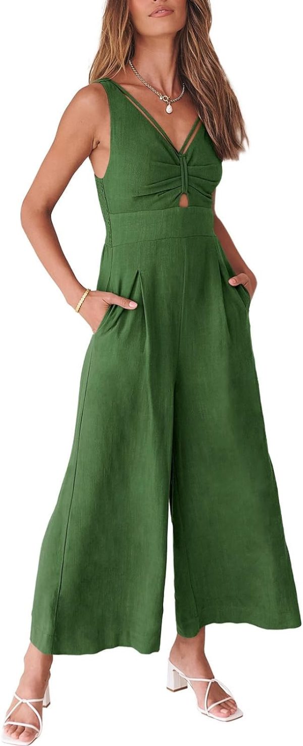 61FdFO3yqVL._AC_SL1500 ANRABESS Women's Summer Wide Leg Linen Jumpsuits Dressy V Neck Sleeveless Casual Pants Rompers 2024 Vacation Beach Outfits