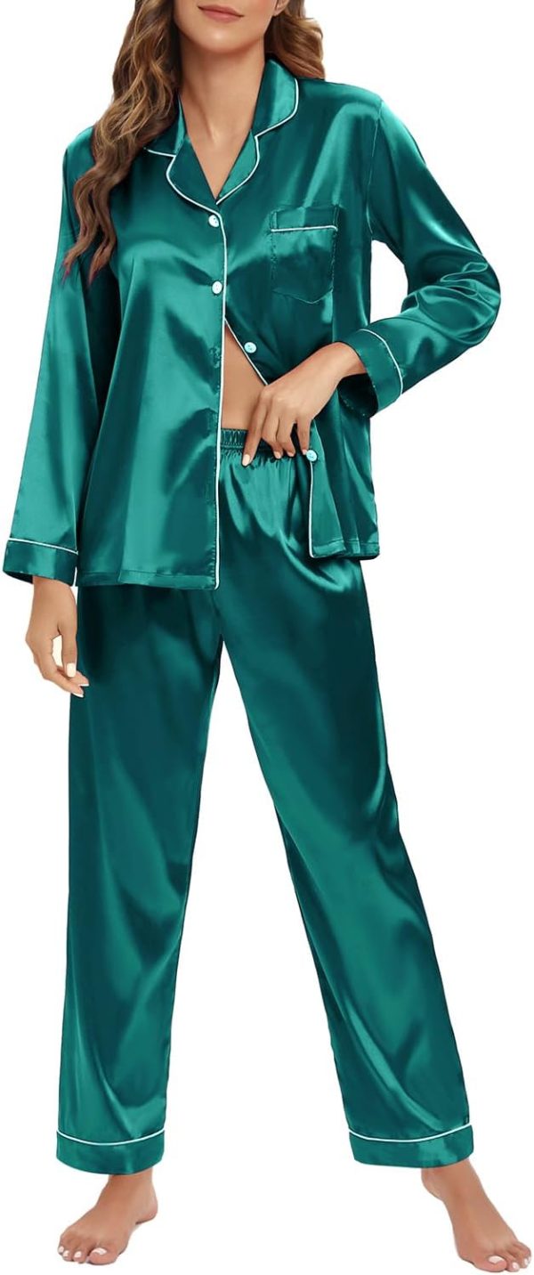 61HpzTz0XPL._AC_SL1500 Women's Silk Satin Pajamas Set Long Sleeve Sleepwear Soft Pjs Set Two Piece Button Down Loungewear Pj Set