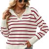 61Joupjq1JL._AC_SL1332 Women's Lightweight Striped Loose Sweater Polo V Neck Knitted Lapel Shirt Casual Color Block Top with Cream Background