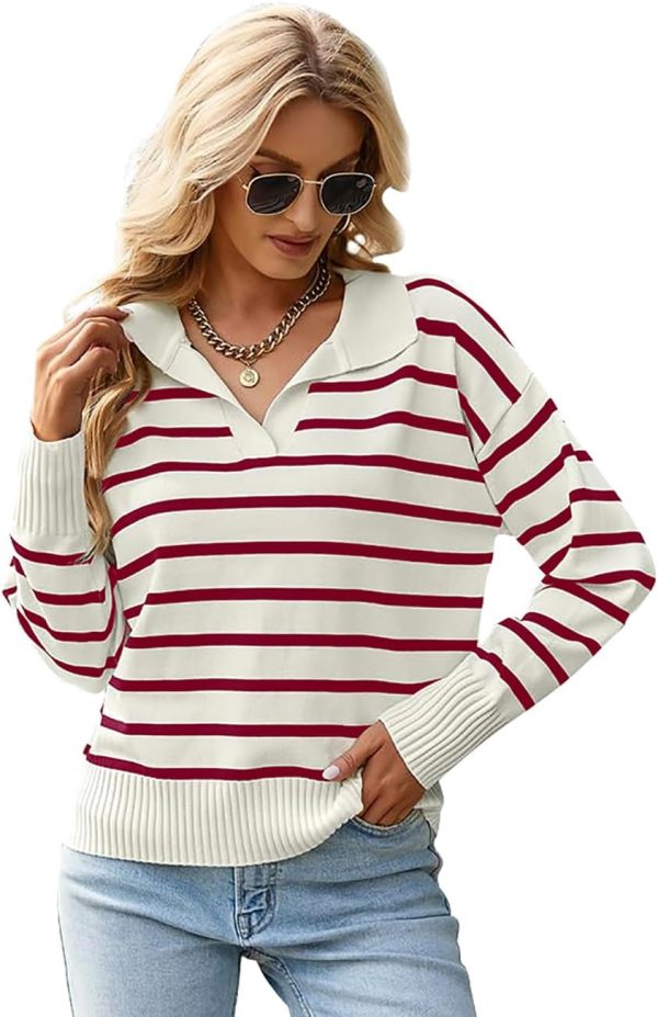 61Joupjq1JL._AC_SL1332 Women's Lightweight Striped Loose Sweater Polo V Neck Knitted Lapel Shirt Casual Color Block Top with Cream Background