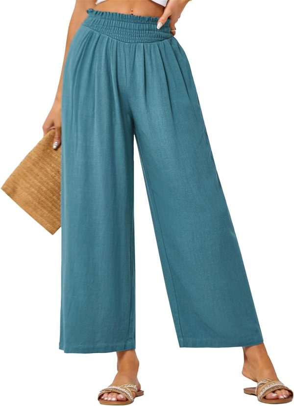 JASAMBAC Women's Capri Linen Wide Leg Pants Summer Boho Wide Leg Pants Smocked High-Rise Waist Casual Beach Pants with Pocket