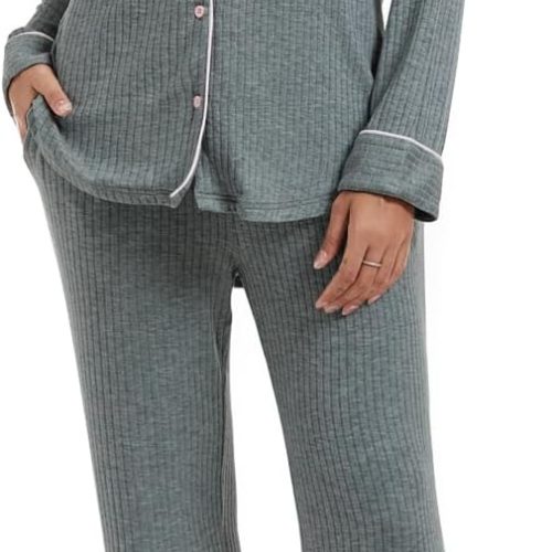 Womens Pajama Sets Soft Comfy Button Down Knitted Long Sleeve Sleepwear Pjs Lounge Sets Nightwear