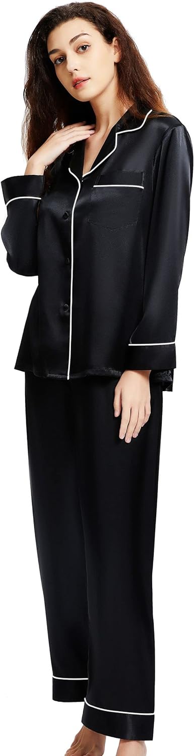 Women's Satin Pajamas Set Long Sleeve Button Down Shirt With Long Pant Sleepwear