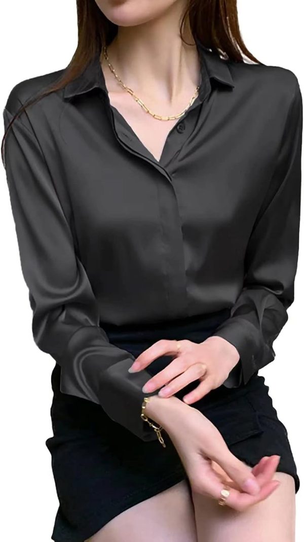 Women's Satin Blouse Fashion Long Sleeve Satin Silk Shirt Work Office Top Casual Shirt