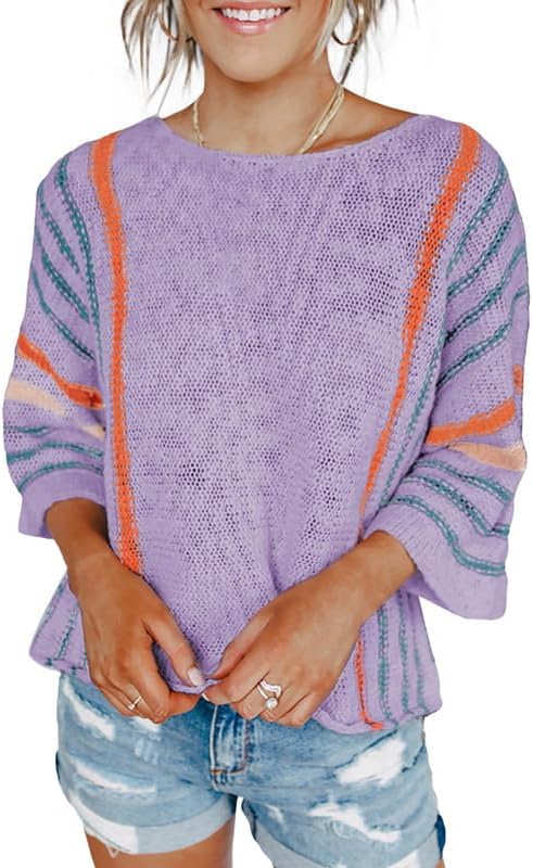 Womens 2024 Cute Spring Summer Color Block Striped Lightweight Comfy Cable Knit Beach Boho Clothes Pullover Sweaters