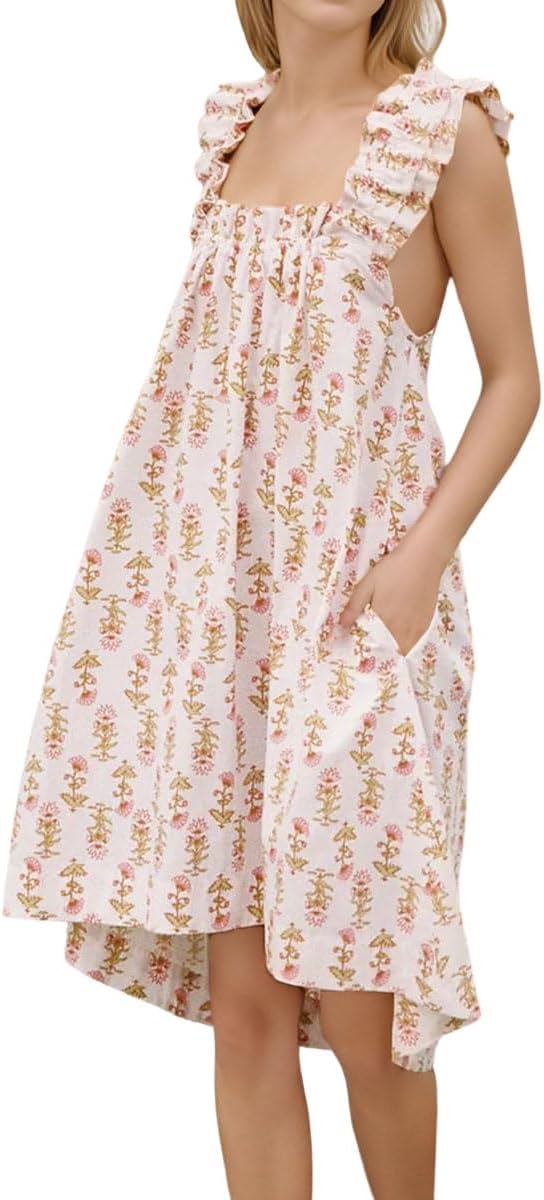 Womens Ruffle Nightgown Cotton Sleeveless Nightdress Soft Printed Night gown with Pockets