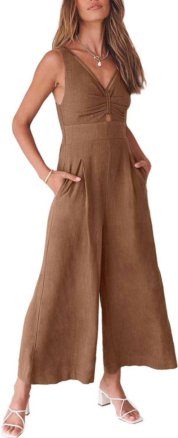 61WI6Lnv32L._AC_SL1500 ANRABESS Women's Summer Wide Leg Linen Jumpsuits Dressy V Neck Sleeveless Casual Pants Rompers 2024 Vacation Beach Outfits