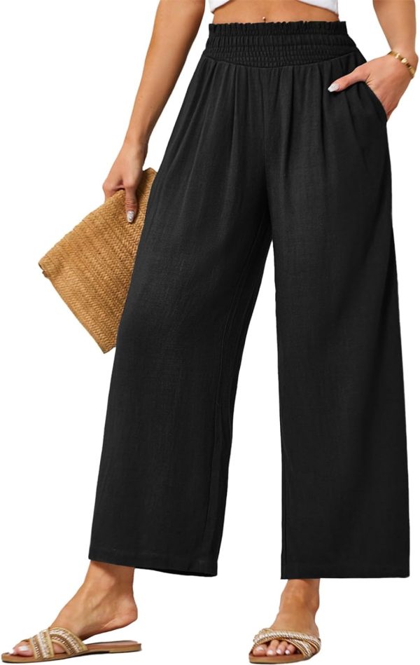JASAMBAC Women's Capri Linen Wide Leg Pants Summer Boho Wide Leg Pants Smocked High-Rise Waist Casual Beach Pants with Pocket