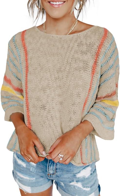 Womens 2024 Cute Spring Summer Color Block Striped Lightweight Comfy Cable Knit Beach Boho Clothes Pullover Sweaters