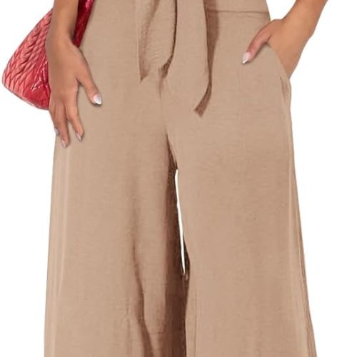Women's Summer 2 Piece Outfits 2024 Cap Sleeve V Neck Belted Crop Tops Wide Leg Pant Sets Casual Tracksuit