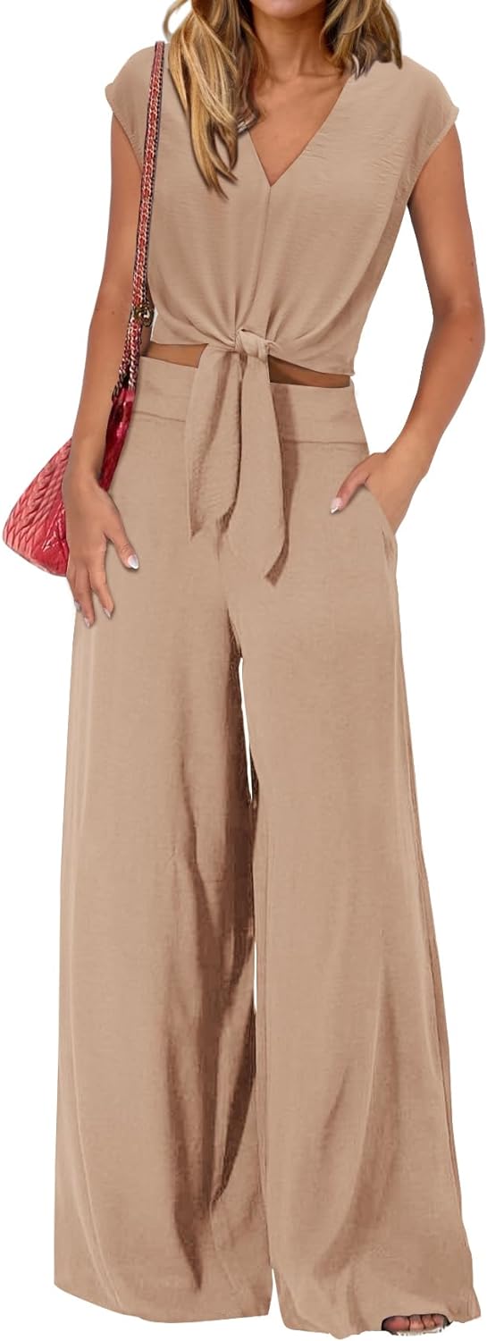 61aIXStByuL._AC_SL1500 Women's Summer 2 Piece Outfits 2024 Cap Sleeve V Neck Belted Crop Tops Wide Leg Pant Sets Casual Tracksuit