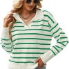 61bWos_LPFL._AC_SL1332 Women's Lightweight Striped Loose Sweater Polo V Neck Knitted Lapel Shirt Casual Color Block Top with Cream Background