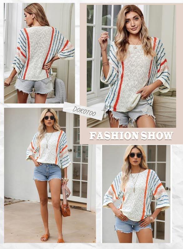 Womens 2024 Cute Spring Summer Color Block Striped Lightweight Comfy Cable Knit Beach Boho Clothes Pullover Sweaters