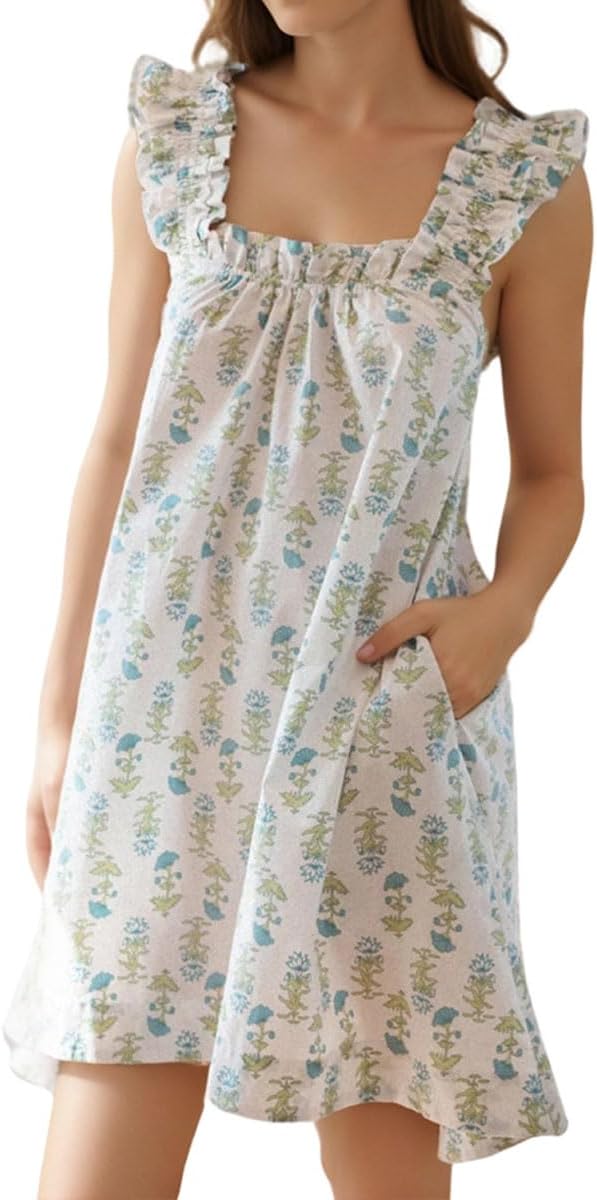 Womens Ruffle Nightgown Cotton Sleeveless Nightdress Soft Printed Night gown with Pockets