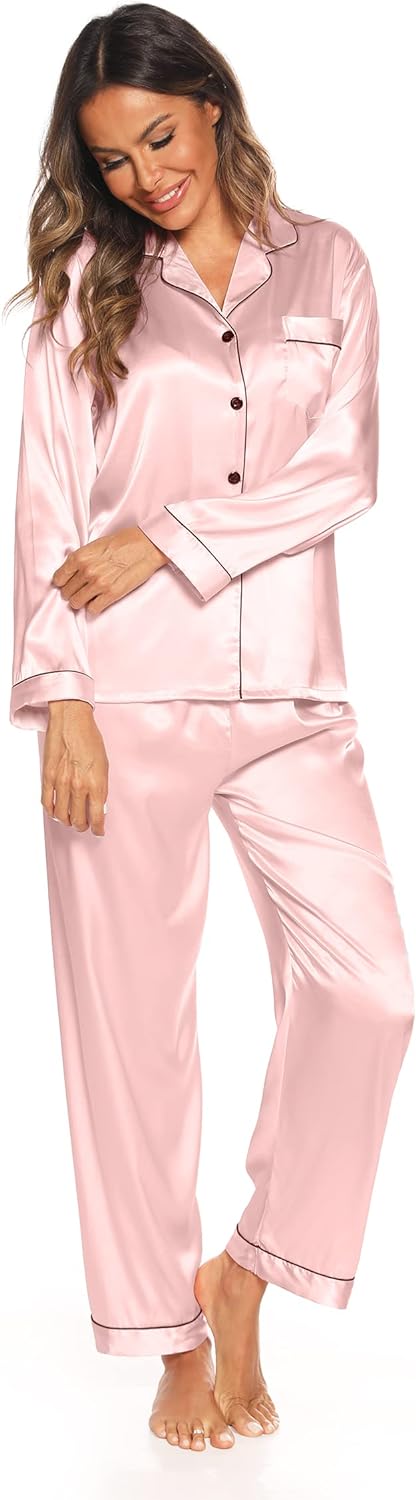 61e7d3bP6LL._AC_SL1500 Silk Satin Pajamas Set for Women 2 Piece Soft Long Sleeve Tops & Bottoms Sleepwear Pj Lounge Set S-XXL