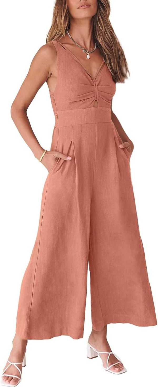 61iSSWYhRYL._AC_SL1500 ANRABESS Women's Summer Wide Leg Linen Jumpsuits Dressy V Neck Sleeveless Casual Pants Rompers 2024 Vacation Beach Outfits