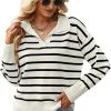 61jmL_ZYNfL._AC_SL1332 Women's Lightweight Striped Loose Sweater Polo V Neck Knitted Lapel Shirt Casual Color Block Top with Cream Background