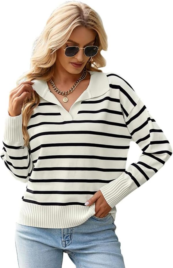 61jmL_ZYNfL._AC_SL1332 Women's Lightweight Striped Loose Sweater Polo V Neck Knitted Lapel Shirt Casual Color Block Top with Cream Background