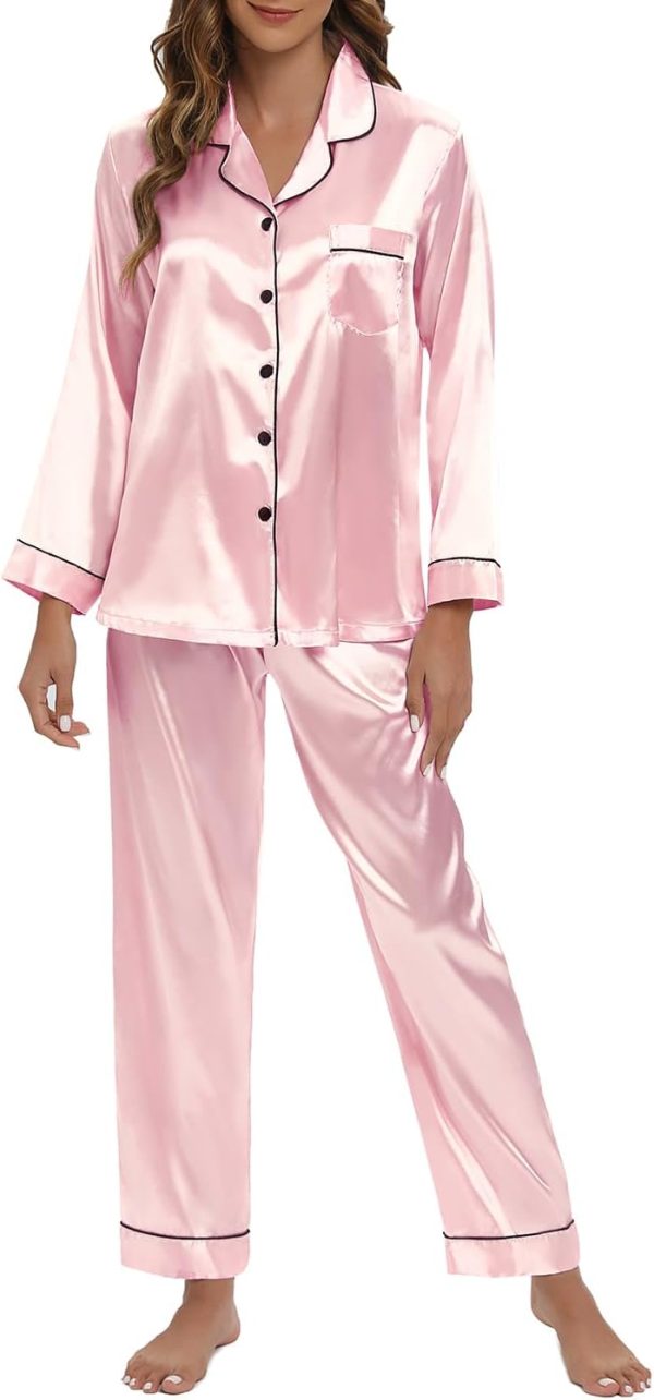 61kFzchWoGL._AC_SL1500 Women's Silk Satin Pajamas Set Long Sleeve Sleepwear Soft Pjs Set Two Piece Button Down Loungewear Pj Set